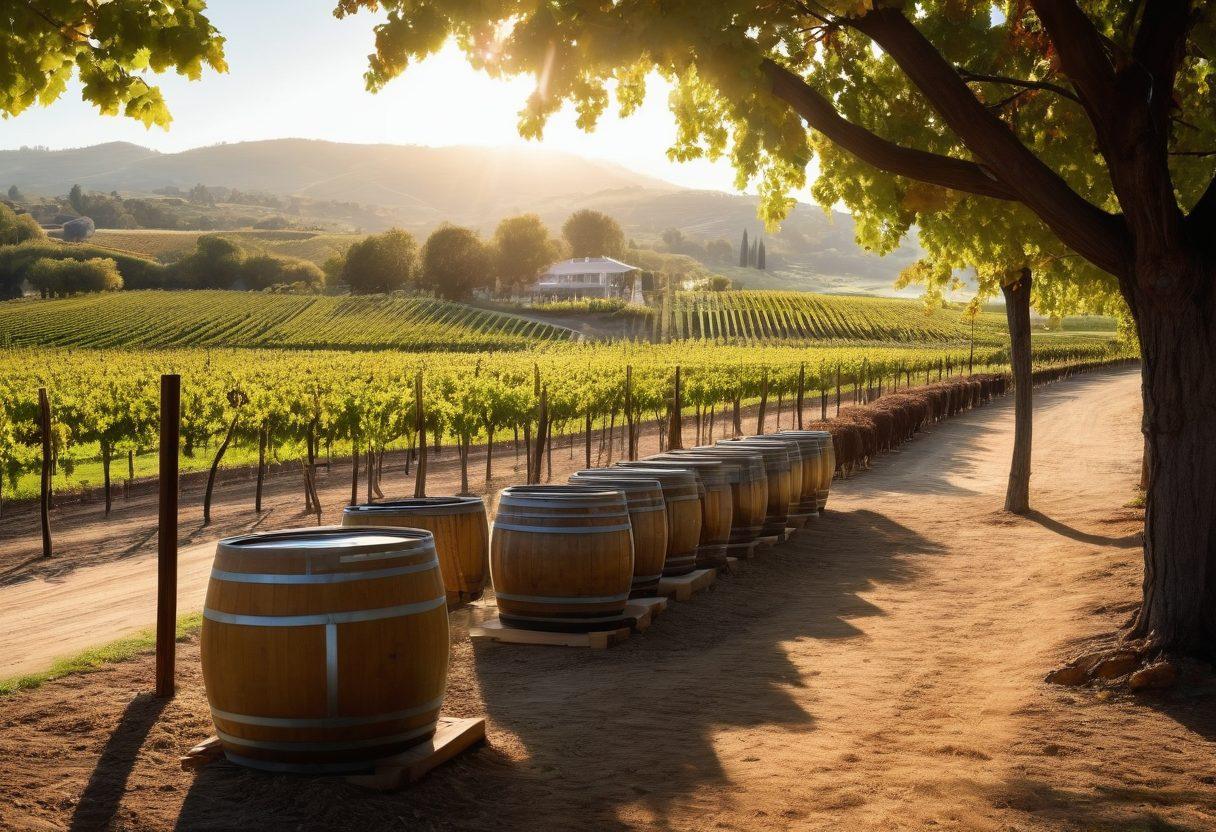 An elegant vineyard landscape showcasing lush grapevines with protective installations like fences and surveillance cameras. In the foreground, a wine event is taking place, featuring guests enjoying wine tasting while practicing safety measures. Shadows of wine barrels and ambient lighting add a cozy atmosphere. A serene sunset casts a warm glow over the scene, enhancing the beauty and safety of the estate. super-realistic. vibrant colors.