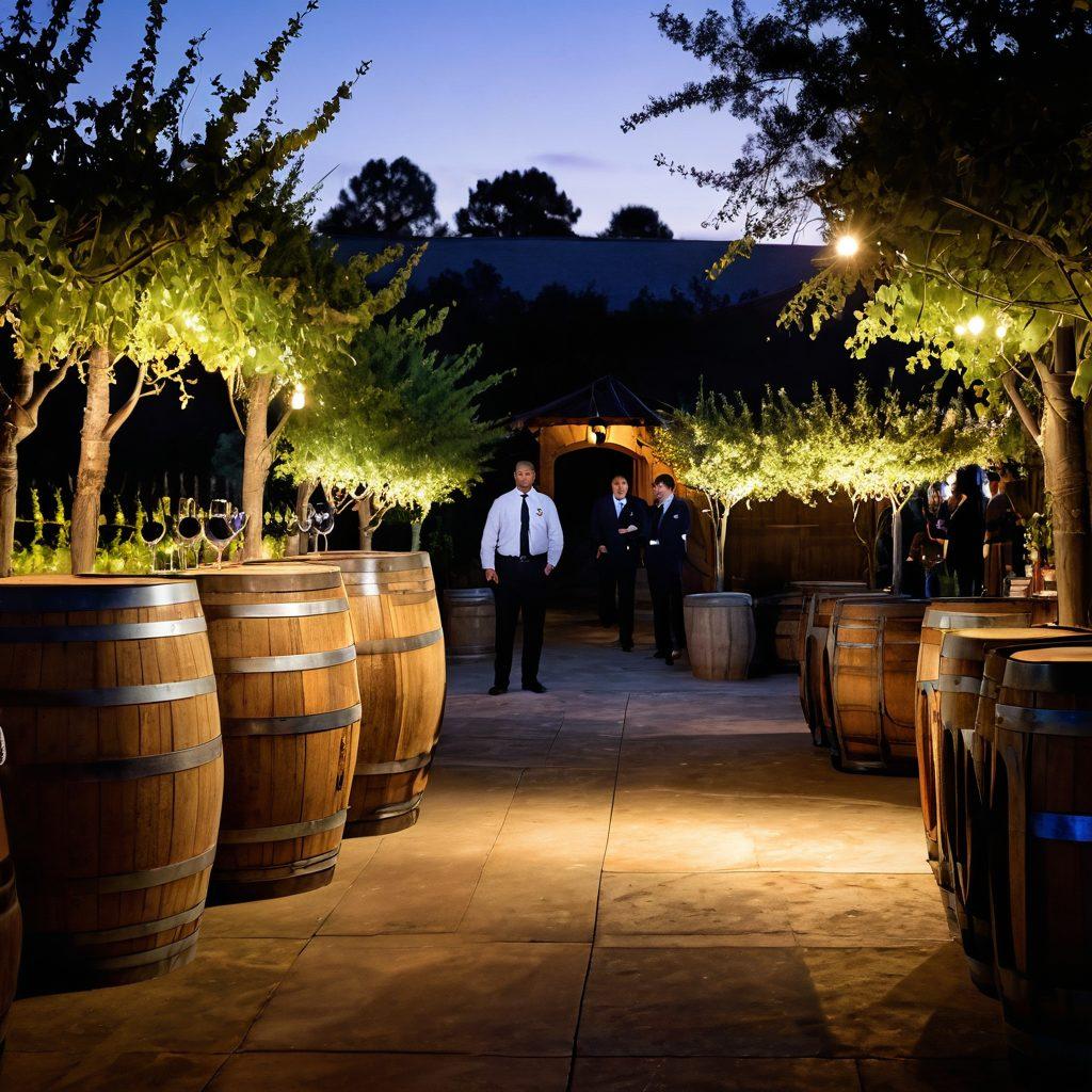A sophisticated vineyard scene transformed into an elegant event space, featuring well-dressed security personnel discreetly monitoring guests. Include wine barrels and grapevines in the background, with ambient lighting and a festive atmosphere. Showcase a delicate balance between celebration and security, highlighting tactical elements like communication devices and surveillance. Capture the essence of a vintage event while ensuring a sense of safety and professionalism. super-realistic. vibrant colors. evening setting.