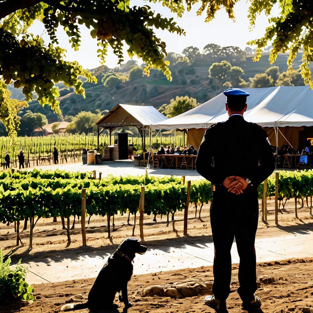 A tranquil vineyard scene with rolling hills, lush grapevines, and a rustic winery in the background. Foreground features a vigilant security guard dressed in a professional uniform, observing the area with a watchful eye, while guests enjoy a wine tasting event under a festive tent. Soft golden sunlight casts a warm glow, enhancing the serene atmosphere. Emphasize elements of safety and hospitality. super-realistic. vibrant colors. soft focus.